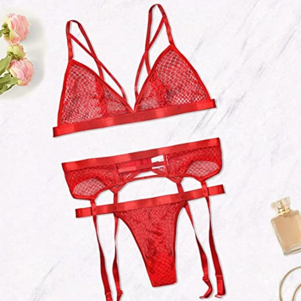 Exotic Strappy Fishnet 4 Piece Lingerie Set